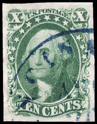 1855, 10¢ Washington, green, type III (Scott 15), mathematically ...