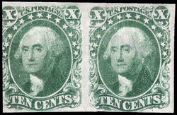 1855, 10¢ Washington, green, type III (Scott 15), pair, cancel ...
