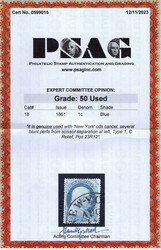 1861, 1¢ Franklin, blue, type I (Scott 18), position 23R12, New York ...