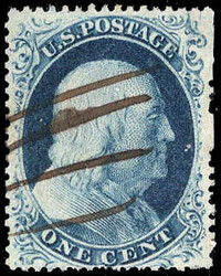 1857, 1¢ Franklin, blue, type III (Scott 21), pen cancel; minor perf ...