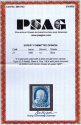 1857, 1¢ Franklin, blue, type III (Scott 21), Plate 4, position 19L4 ...