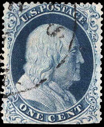 1857, 1¢ Franklin, blue, type IIIa (Scott 22); perfs trimmed off at ...