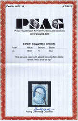 1857, 1¢ Franklin, blue, type IV (Scott 23), recut once at top, Fine ...