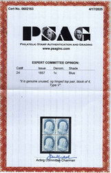 1857, 1¢ Franklin, blue, type V (Scott 24), block of 4, o.g., top ...