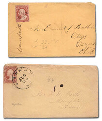 1857, 3¢ Washington, rose, type I (Scott 25), two covers with ...