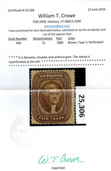 1860, 5¢ Jefferson, brown, type II (Scott 30A), unused without gum; ...