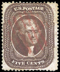 1860, 5¢ Jefferson, brown, type II (Scott 30A), red grid cancel, ...