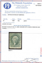 1857, 10¢ Washington, green, type I (Scott 31); cancel removed and ...