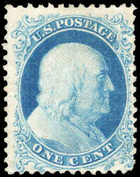 1857-60 (1875 Reprint), 1¢ Franklin, bright blue (Scott 40), without ...