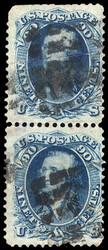 1861, 90¢ Washington, blue (Scott 72), vertical pair; creased, perf ...