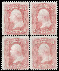 1867, 3¢ Washington, red, F. grill (Scott 94), block of 4, unused ...