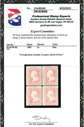 1867, 3¢ Washington, red, F. grill (Scott 94), block of 4, unused ...