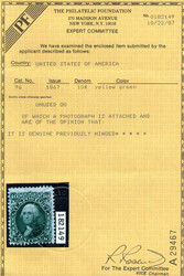 1867, 10¢ Washington, yellow green, F. grill (Scott 96), rich color ...