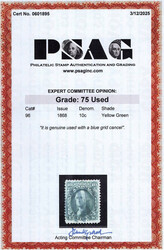 1867, 10¢ Washington, yellow green, F. grill (Scott 96), premium ...