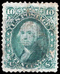 1867, 10¢ Washington, yellow green, F. grill, very thin paper (Scott ...