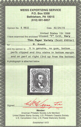 1867, 15¢ Lincoln, black, F. grill (Scott 98), unused without gum; ...