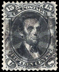 1867, 15¢ Lincoln, black, F. grill (Scott 98); reperfed at top, left ...