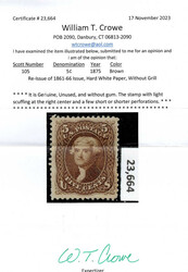 1861-66 (1875 Re-issue), 5¢ Jefferson, brown (Scott 105), unused ...