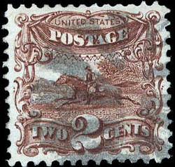 1869, 2¢ Postrider, brown (Scott 113), wonderfully well centered, ...
