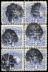 1869, 3¢ Locomotive, ultramarine (Scott 114), block of 6, bright ...