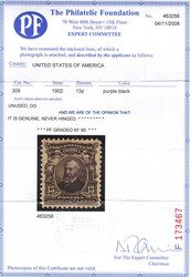 1902, 13¢ Harrison, purple black (Scott 308), a premium example with ...
