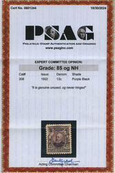 1902, 13¢ Harrison, purple black (Scott 308), o.g., never hinged, ...