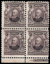 1902, 13¢ Harrison, purple black (Scott 308), block of 4 with part ...