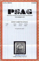 1903, $1 Farragut, black (Scott 311), gorgeous centering, Extremely ...