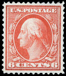 1909, 6¢ Washington, red orange, D.L. watermark (Scott 336), o.g., ...