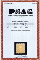 1909, 10¢ Washington, yellow, D.L. watermark (Scott 338), radiant ...