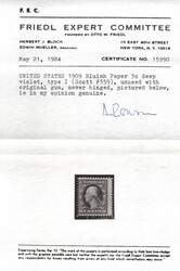 1909, 3¢ Washington, deep violet, type I, on bluish paper (Scott ...