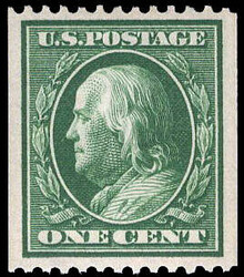 1910, 1¢ Franklin, green, S.L. watermark, vertical coil, perf. 12 ...