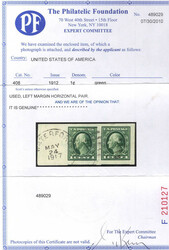 1912, 1¢ Washington, green, S.L. watermark, imperf. (Scott 408), a ...