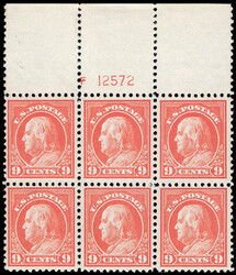 1917, 9¢ Franklin, salmon red, perf. 11 (Scott 509), top plate block ...