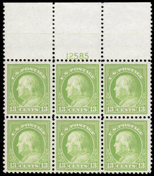 1919, 13¢ Franklin, apple green, perf. 11 (Scott 513), plate block ...