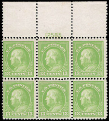1919, 13¢ Franklin, apple green, perf. 11 (Scott 513), top plate ...