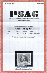 1918, $5 Franklin, deep green & black (Scott 524), o.g., never hinged ...