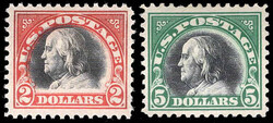 1918, $2 Franklin, orange red & black and $5 Franklin, deep green & ...