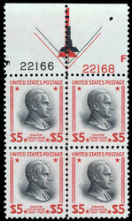 1938, Presidential Issue, $5 Coolidge (Scott 834), plate block of 4, ...