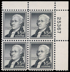 1956, Liberty Issue, $5 Hamilton (Scott 1053), plate block of 4, ...