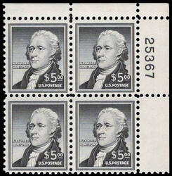 1956, Liberty Issue, $5 Hamilton (Scott 1053), plate block of 4, o.g. ...