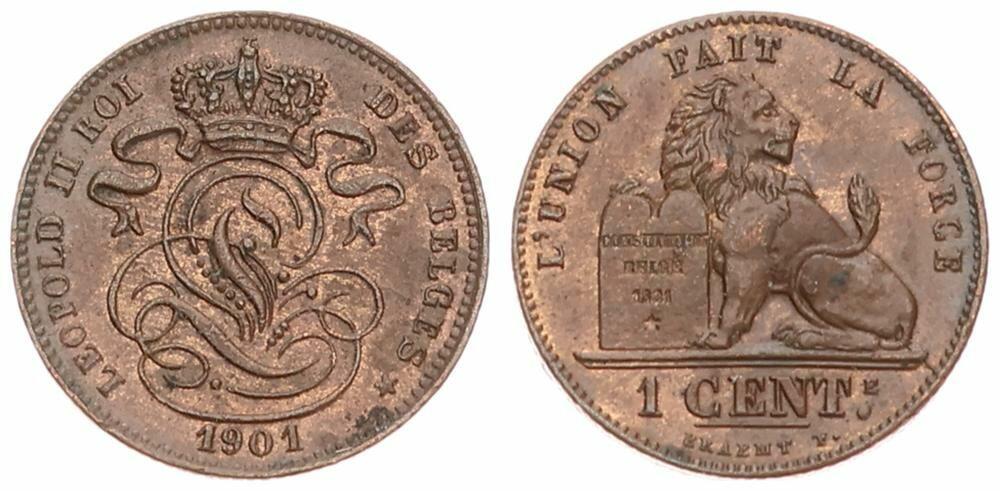 Belgium, Kingdom, Leopold II, 1 Centime Copper 1901/801FR, Seated ...