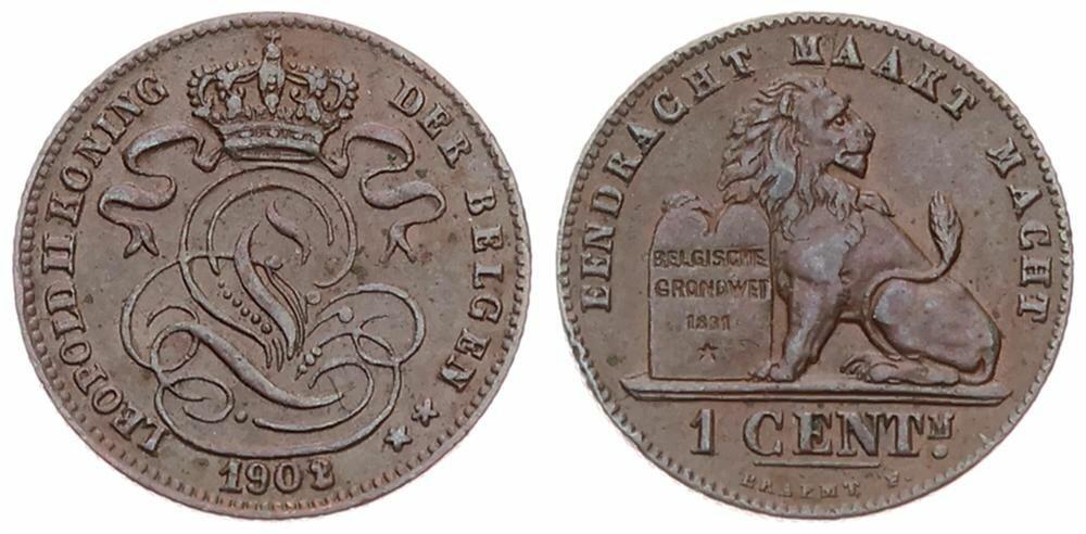 Belgium, Kingdom, Leopold II, 1 Centime Copper 1902/01FL, Seated lion ...