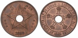 Congo Free State, Royal Domain, Leopold II, 5 Centimes Copper 1888/7, ...