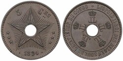 Congo Free State, Royal Domain, Leopold II, 5 Centimes Copper 1894, ...