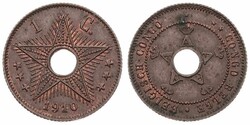 Belgian Congo, Colony, Albert I, 1 Centime Copper 1910, Center hole ...