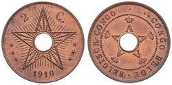 Belgian Congo, Colony, Albert I, 2 Centimes Copper 1910, Center hole ...