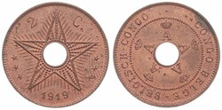 Belgian Congo, Colony, Albert I, 2 Centimes Copper 1919, Center hole ...