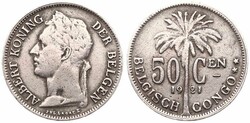 Belgian Congo, Colony, Albert I, 50 Centimes Copper-Nickel 1921, ...