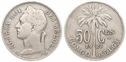 Belgian Congo, Colony, Albert I, 50 Centimes Copper-Nickel 1922, ...